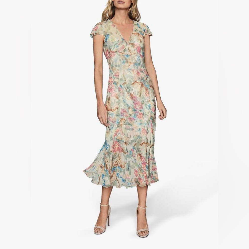 Reiss Lilly Floral Print Chiffon Midi Dress, Pink